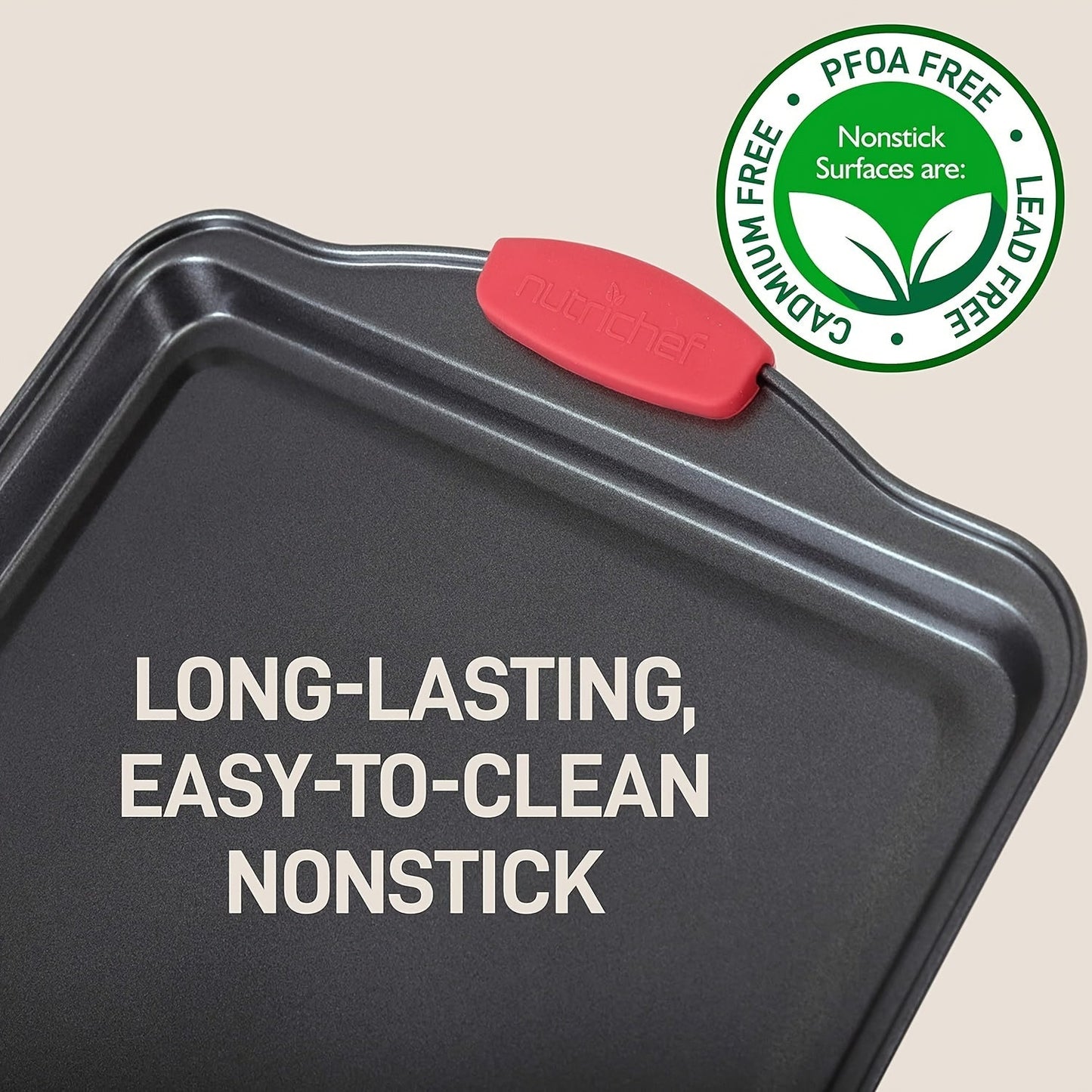3 Pack Oven Baking Tray - Carbon Steel Non-Stick Kitchen Trays with Red Silicone Handles - Luxurious, Commercial-Grade Quality