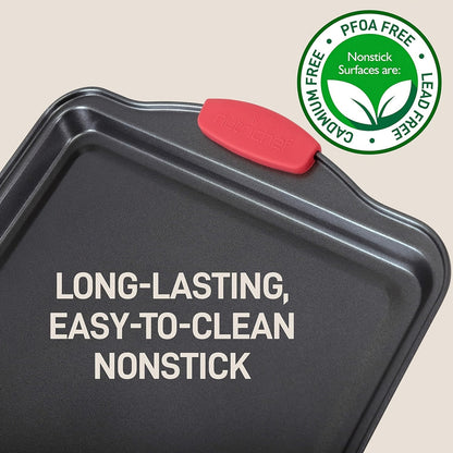 3 Pack Oven Baking Tray - Carbon Steel Non-Stick Kitchen Trays with Red Silicone Handles - Luxurious, Commercial-Grade Quality