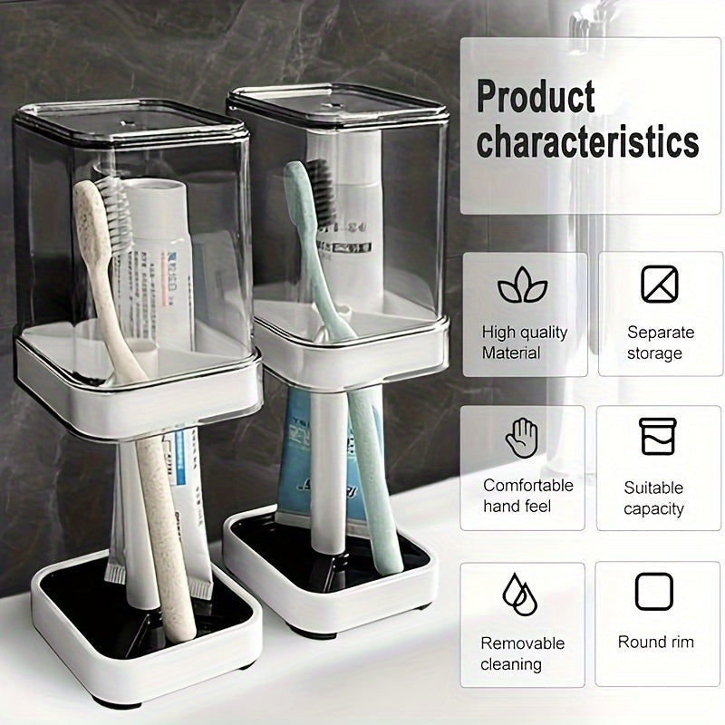 Toothbrush Holder Stand with Cover & Transparent Mouthwash Cup – Ideal for Bathrooms, Stores Toothpaste and Toothbrushes, Suitable for Home, Dormitory, School