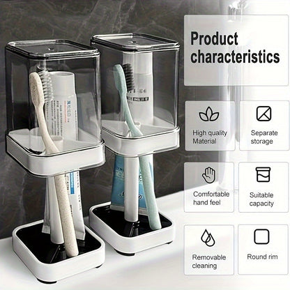 Toothbrush Holder Stand with Cover & Transparent Mouthwash Cup – Ideal for Bathrooms, Stores Toothpaste and Toothbrushes, Suitable for Home, Dormitory, School