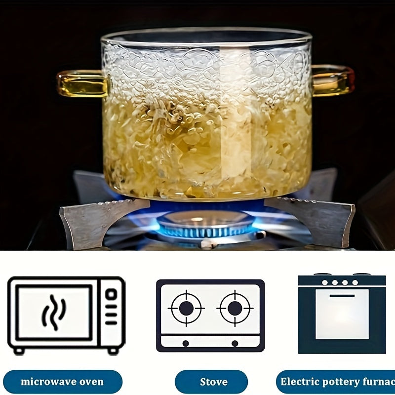 54.1oz Borosilicate Glass Pot with Lid – Heat-Resistant, Stovetop and Microwave Safe Cooking Pot for Soup, Milk, Porridge, with Dual Yellow Handles