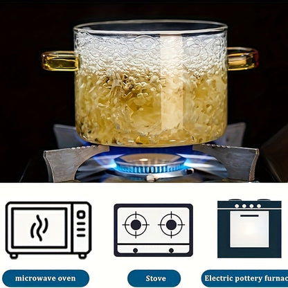 54.1oz Borosilicate Glass Pot with Lid – Heat-Resistant, Stovetop and Microwave Safe Cooking Pot for Soup, Milk, Porridge, with Dual Yellow Handles