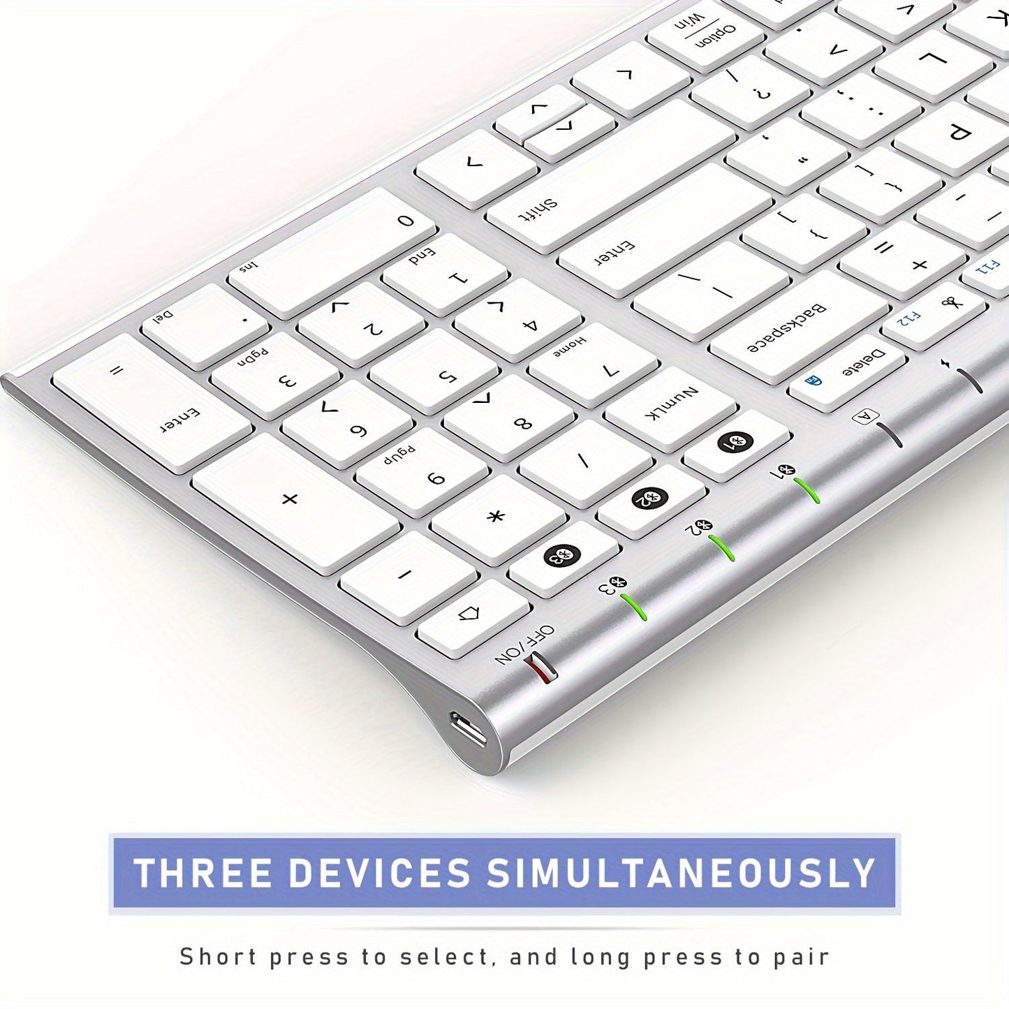 Multi-Device BT Keyboard - Slim, Rechargeable Wireless Keyboard with Number Pad, Switches Between 3 Devices, Compatible with Mac/iPad/Android/Windows - White and Silver