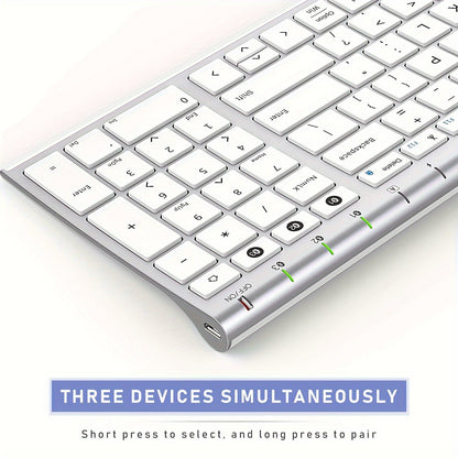 Multi-Device BT Keyboard - Slim, Rechargeable Wireless Keyboard with Number Pad, Switches Between 3 Devices, Compatible with Mac/iPad/Android/Windows - White and Silver