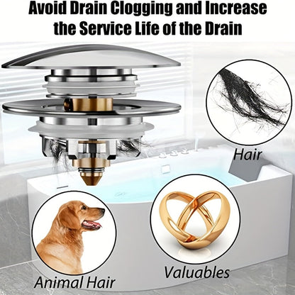Universal Tub Stopper with Strainer – Pop-Up Cover for Bathtub Drain, Replaces Lift and Turn, Tip-Toe, and Trip Lever Drains, Fits 1-1/2" to 2" Drain Holes