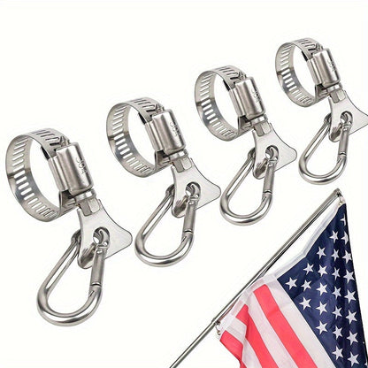 4 Pack Stainless Steel Flagpole Clips with Carabiner – Durable, Adjustable Grommet for Outdoor Flags, Fits 0.75-1.25" Diameter Poles