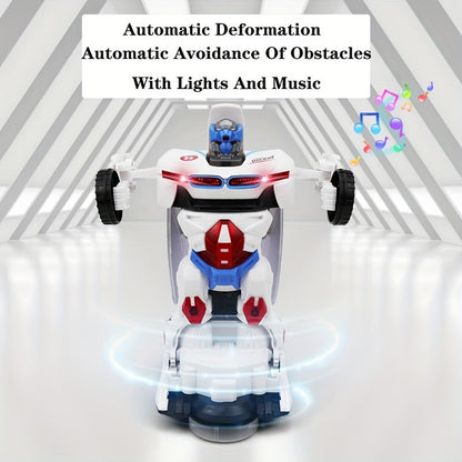 Automatic Deformation Robot Car Toy - Transforms into Robot, Universal Obstacle Avoidance with Lights and Music, Ideal for Birthday, Christmas, Halloween Gifts (Batteries Not Included)