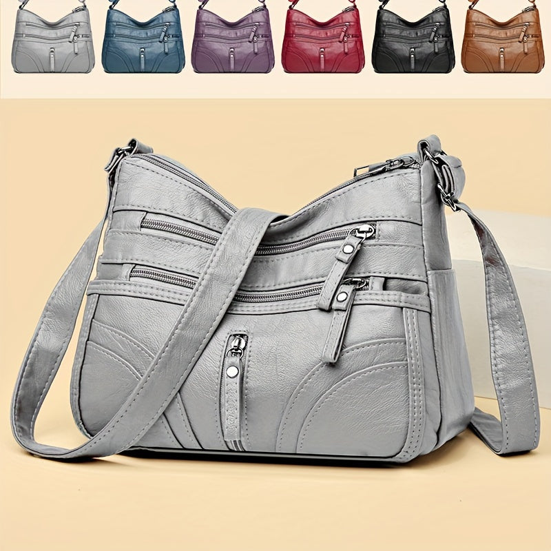 Women's Soft Faux Leather Crossbody Bag - Casual Style Shoulder Purse with Multi Pockets, Adjustable Strap, and Zipper Closure