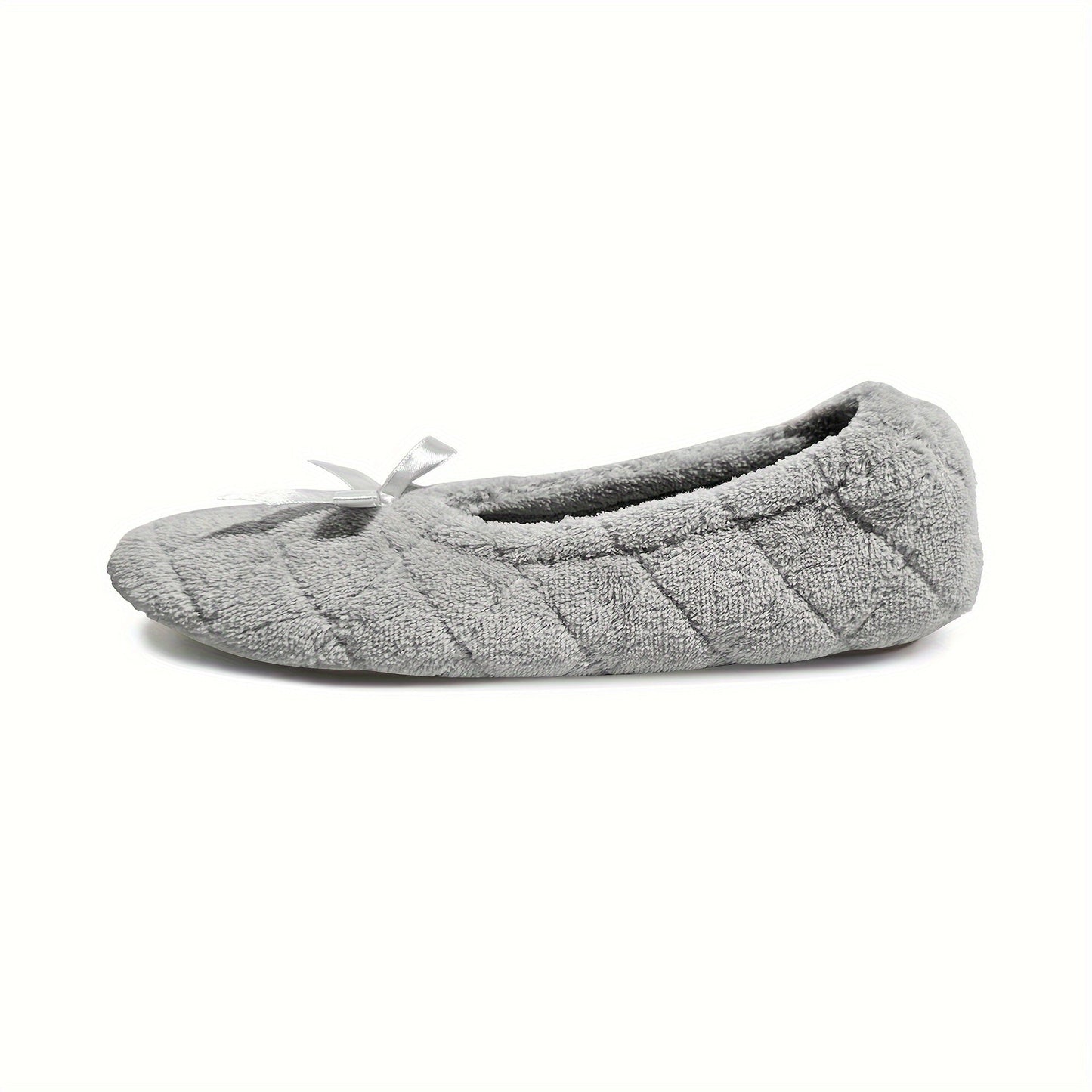 Elegant Women's Ballerina Slippers - Soft Quilted Terrycloth with Satin Bowknot, Lightweight Indoor Shoes in Grey