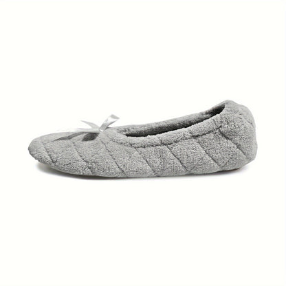 Elegant Women's Ballerina Slippers - Soft Quilted Terrycloth with Satin Bowknot, Lightweight Indoor Shoes in Grey