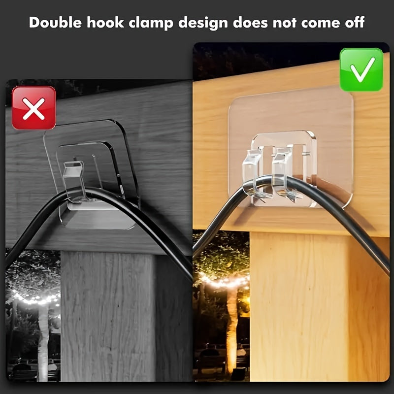50pcs Weatherproof Transparent Hooks Set - UV-Resistant Clear Self-Adhesive Clips for String Lights, Christmas Lights, and Rope Organization