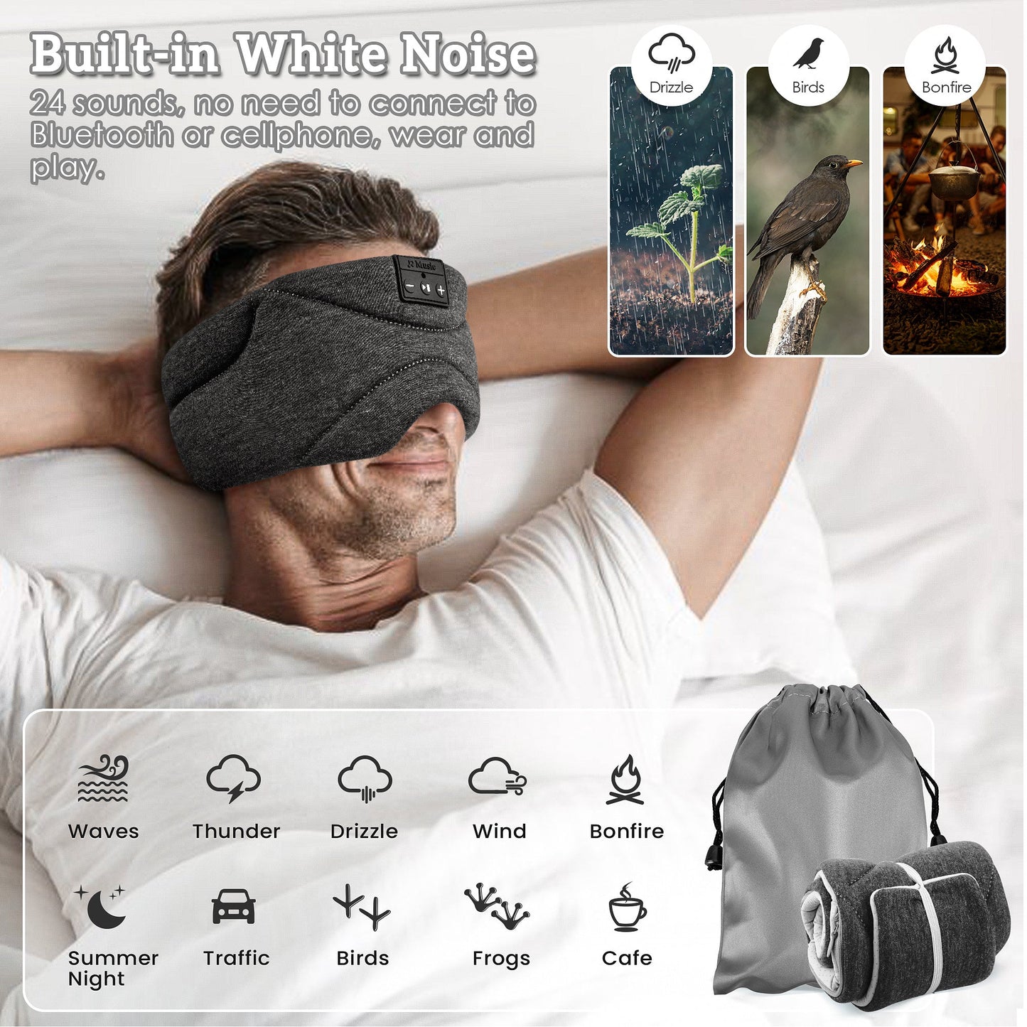 Sleep Mask with Headphones – White Noise, Blackout Light, Ice-Feeling, Extra Soft Modal Lining Eye Mask