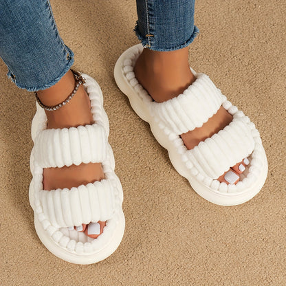 Women's Plush Platform Slippers – Two-Band Open Toe, Soft Sole Fuzzy Shoes – Comfortable Indoor Floor Slippers