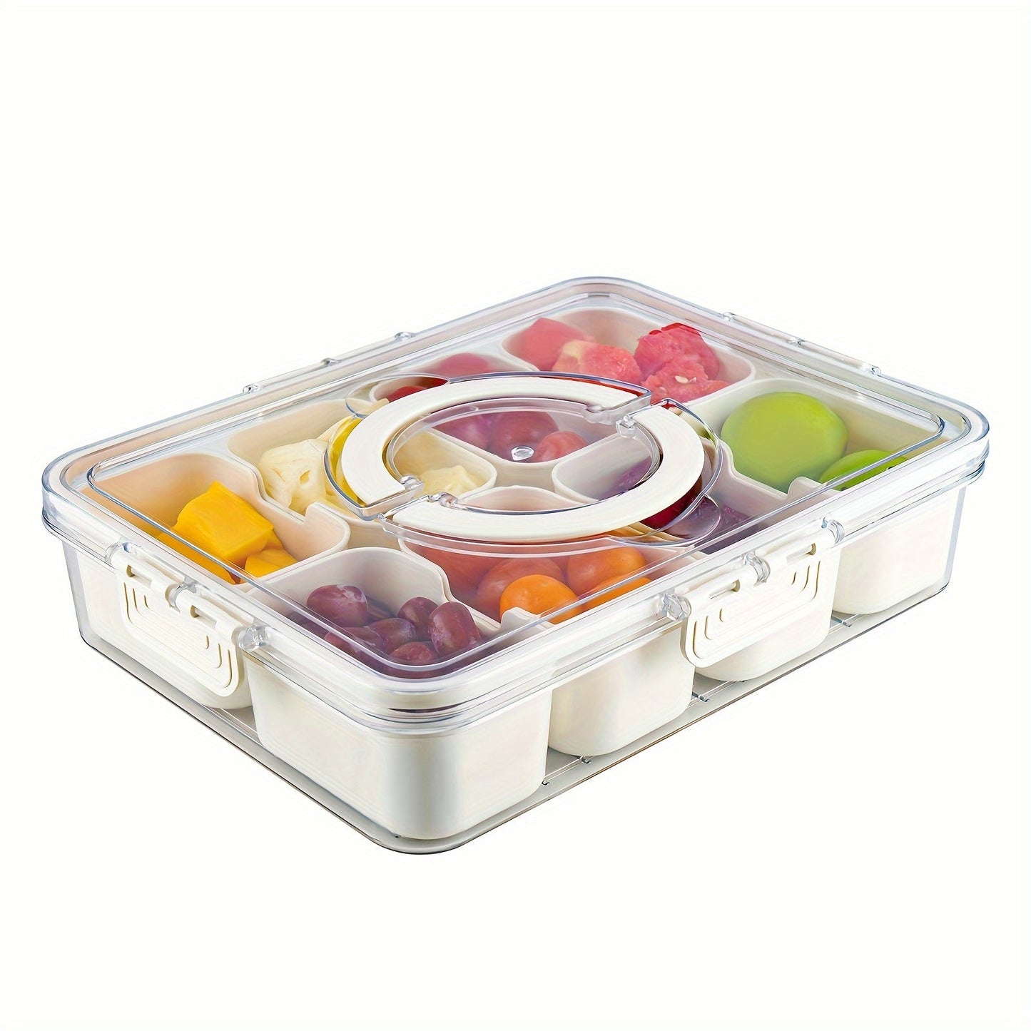 Divided Serving Tray with Handle - Lid and Removable Snack Box, 8-Compartment Fruit Container, Food Storage, Snack and Lunch Organizer, Fridge Platter for Candy, Party, Salad