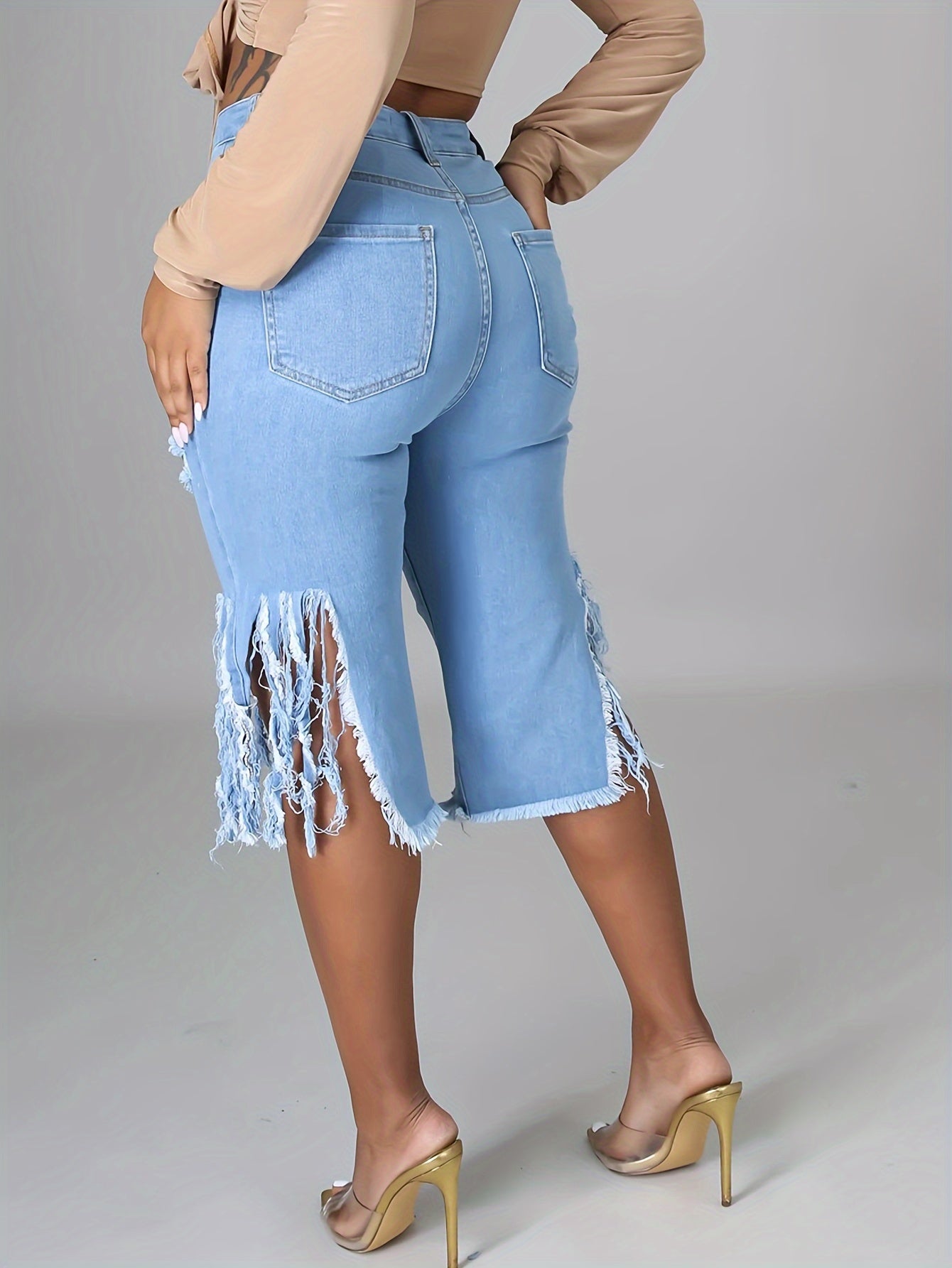 Women's Casual Distressed Denim Midi Shorts – Raw Fringe Hem, Ripped Split Detail – Fashionable Summer Jorts