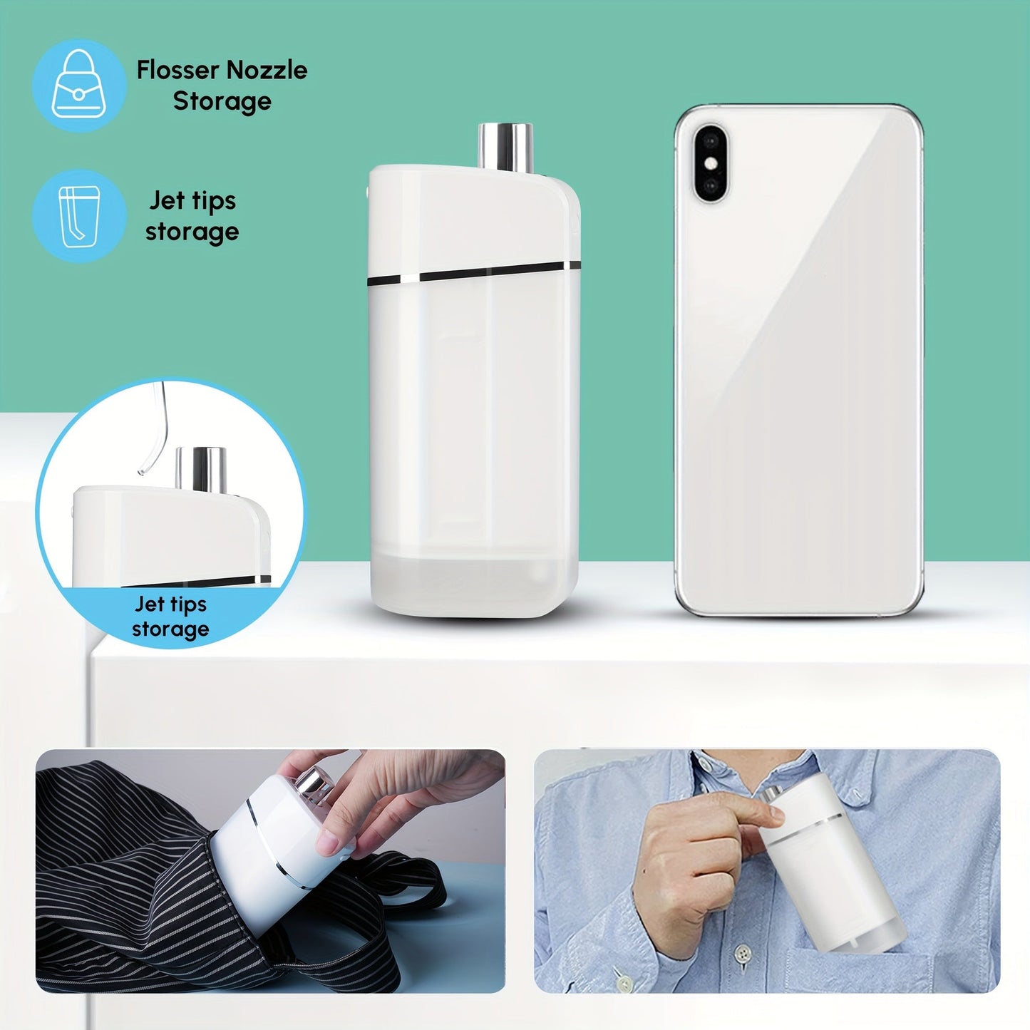 Cordless Rechargeable Portable Water Flosser - Efficient Plaque Remover, Telescopic Water Tank, Travel Bag, Alcohol-Free Formula for Healthy Gums and Teeth - White