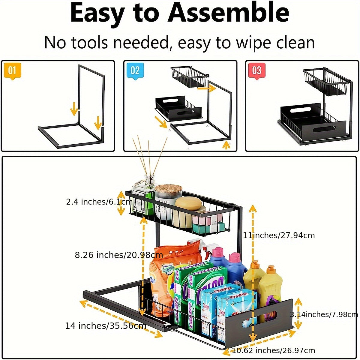 2 Tier Under Sink Organizer: Slide-Out Kitchen & Bathroom Cabinet Storage Shelf, Sturdy Metal Construction