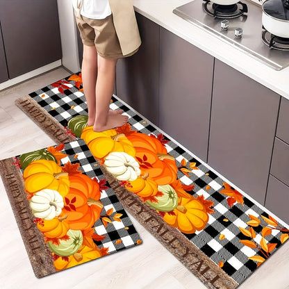 Autumn Pumpkin Print Floor Mat – Thanksgiving Harvest Carpet with Maple Leaf Grid, Anti-Fatigue, Anti-Skid and Washable for Kitchen, Dining Room, Office and Laundry Room