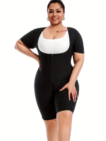 Women's Plus Size Zipper Short Sleeve Sweat Jumpsuit – Running Sweat Fitness Yoga Body Shaper Tunic with Butt Lifting Design