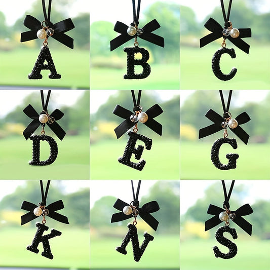 Crystal Alphabet Letter Hanging Ornament – Bowknot & Faux Pearl Detail, Decorative English Letter Charm for Vehicle Mirror Display