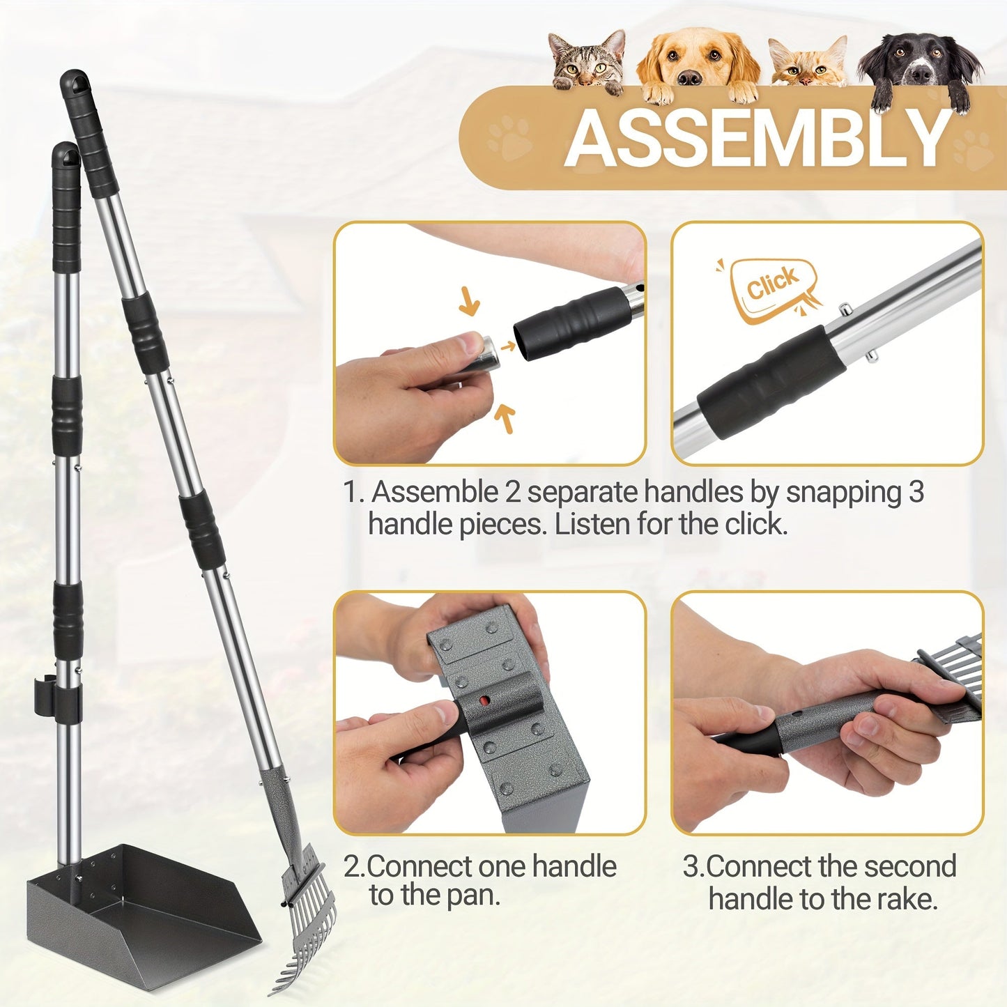 Stainless Steel Dog Pooper Scooper Set, Rust-Proof Tray & Rake, Adjustable Handles, Easy Clean Pet Waste Scoop for All Breeds