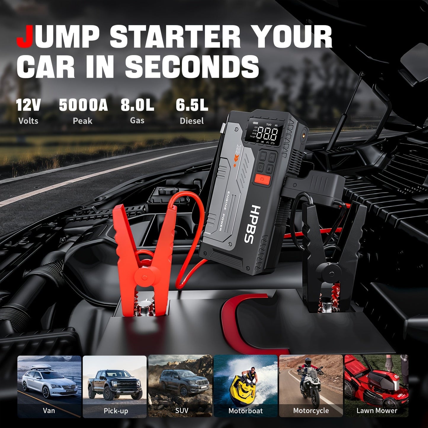 HPBS 5000A Portable Jump Starter with Air Compressor - 12V Battery Booster and 150 PSI Tire Inflator for Gas and Diesel Engines, Car Jump Box with LED Light and Fast Charging USB Output