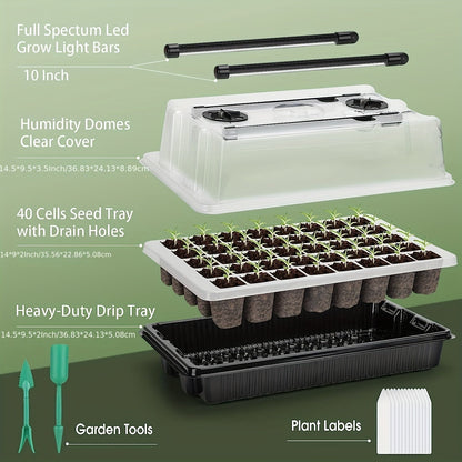 Seed Starter Trays Set with 2 Long Strip Grow Lights – 40-Cell Kit with Humidity Dome for Seed Germination, Seedling Starting, Propagation, and Cloning Plants