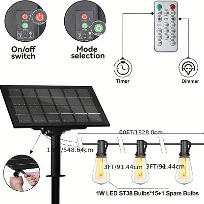 STRIGHT Solar String Lights – 120FT/100FT/60FT/57FT/48FT/25FT Outdoor Weatherproof LED Edison Bulbs with Remote – Solar Powered for Patios, Backyards, Fences, Halloween, and Christmas Decorations