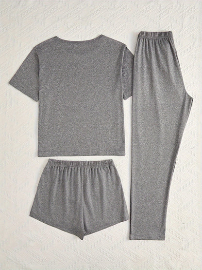 Women's 3-Piece Pajama Set – Simple Short Sleeve Sleepwear with 'WEEKEND' Print, Comfy Casual Loungewear