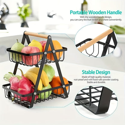 Countertop Fruit and Vegetable Basket – Removable Bowl Storage with Wooden Handle – Kitchen Preservation Holder and Accessories