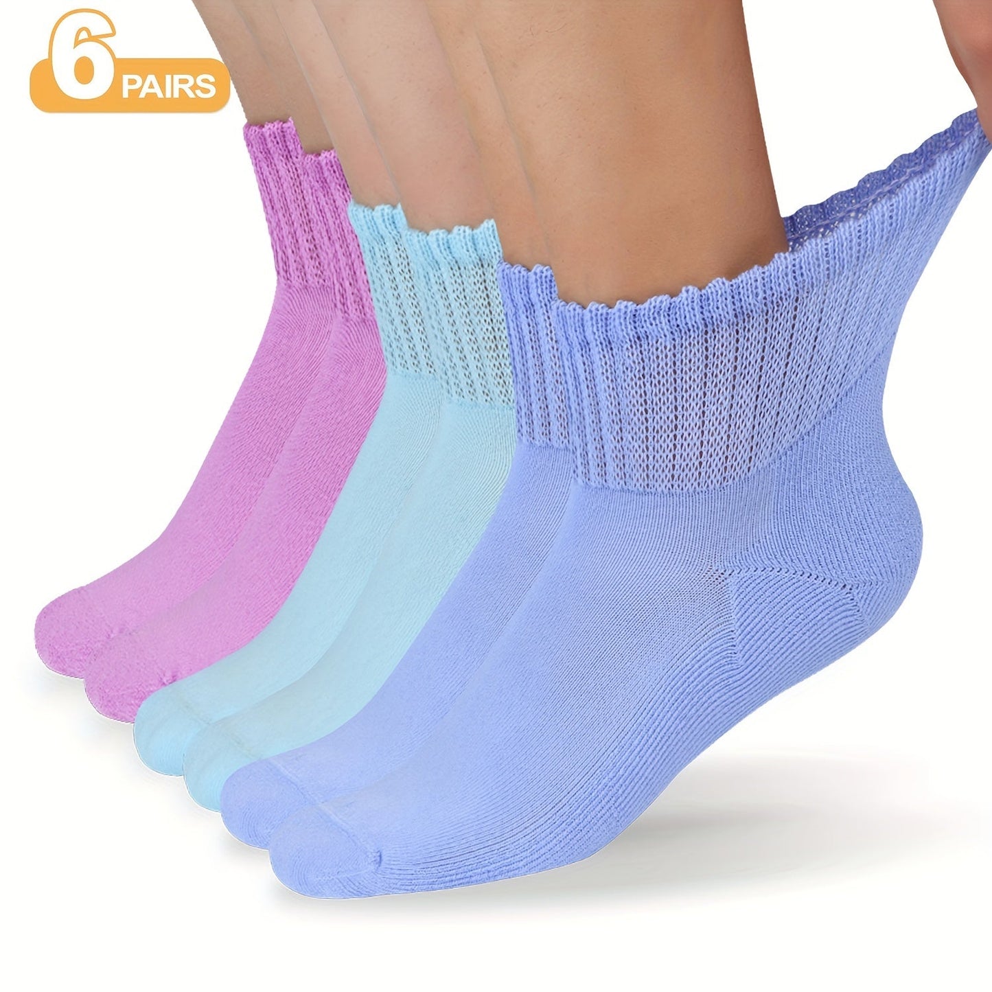 6 Pairs Unisex Diabetic Crew Socks – Cushioned Sole, Seamless Toe, Non-Binding Top, Breathable Knit Fabric Blend of Polyester, Nylon, and Spandex
