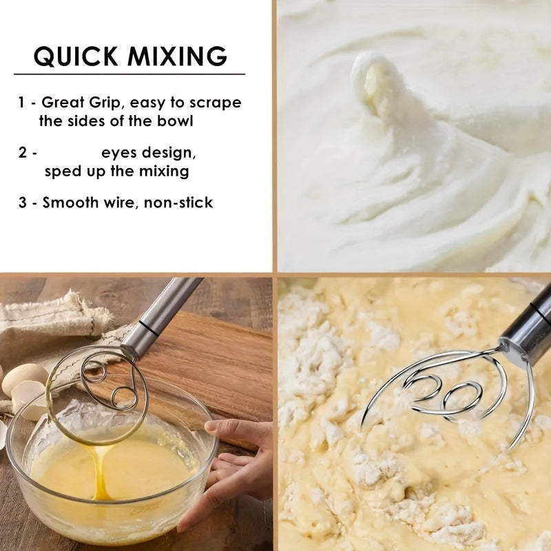 Stainless Steel Dough Mixer and Whisk - Handheld Bread Tool with Dough Scraper - Double Hole Quick Mixing for Cooking, Baking, and Food Trucks