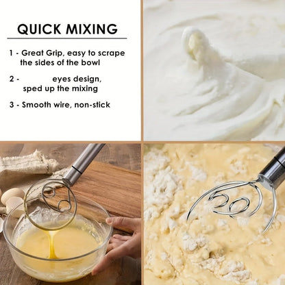 Stainless Steel Dough Mixer and Whisk - Handheld Bread Tool with Dough Scraper - Double Hole Quick Mixing for Cooking, Baking, and Food Trucks