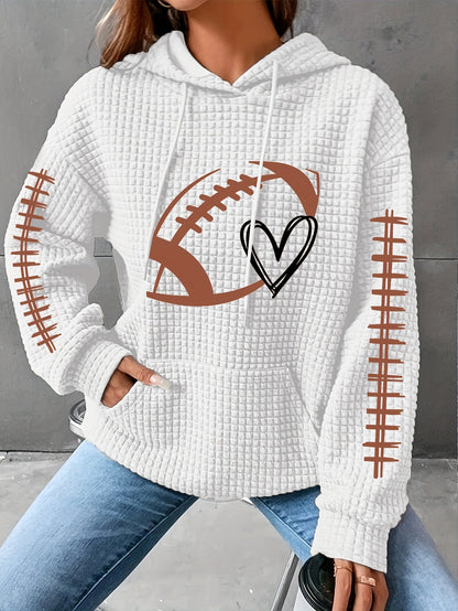 Cozy Plus Size Women's Hoodie – Heart Rugby Print, Waffle Knit, Long Sleeve with Drawstring Hood and Kangaroo Pockets, Casual Wear for Curvy Fashionistas
