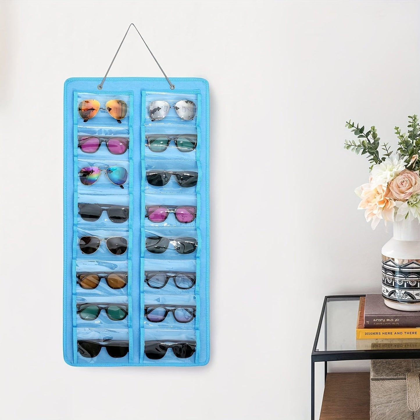16 Slot Hanging Glasses Organizer - PVC Wall Pocket with Dust-Proof Holder, Metal Hook, and Sturdy Rope, Ideal for Women's Fashion Accessories, Perfect for Christmas/Halloween Gift