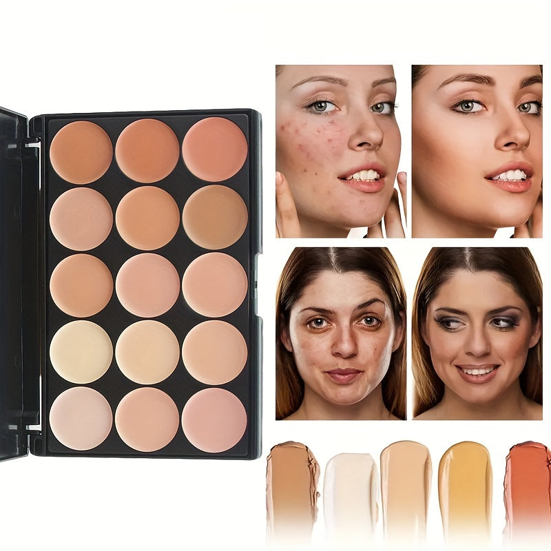 2pcs Set: 15-Shade Concealer Palette with Brush – Waterproof & Sweatproof, Full Coverage for Acne and Tattoos, Moisturizing Long-Lasting Face Makeup