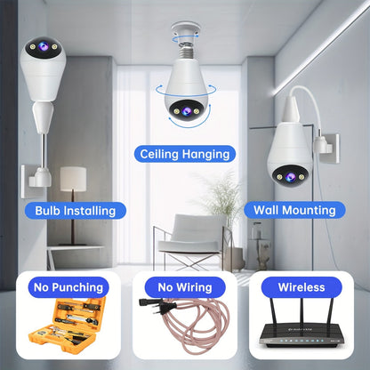 3MP Panoramic PTZ Rotation Light Bulb Wireless Security Camera – Motion Detection, Full-Color Night Vision and Two-Way Voice Call