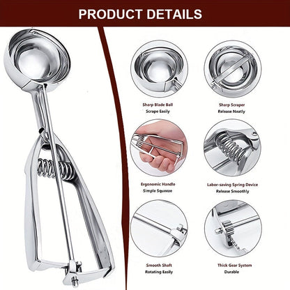 3 Piece Stainless Steel Ice Cream & Cookie Dough Scoops Set with Trigger Release – Silver Cupcake & Fruit Scoop for Baking