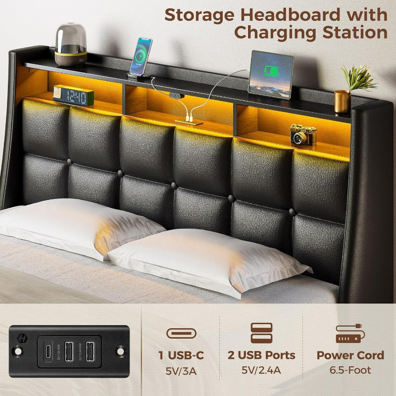 Twin Full Queen Bed Frame with LED Lighting and Charging Station - PU Leather/Neutral Linen Storage Headboard, Drawers, Heavy Duty Wood Slats, Easy Assembly - Modern Bedroom Furniture Upgrade