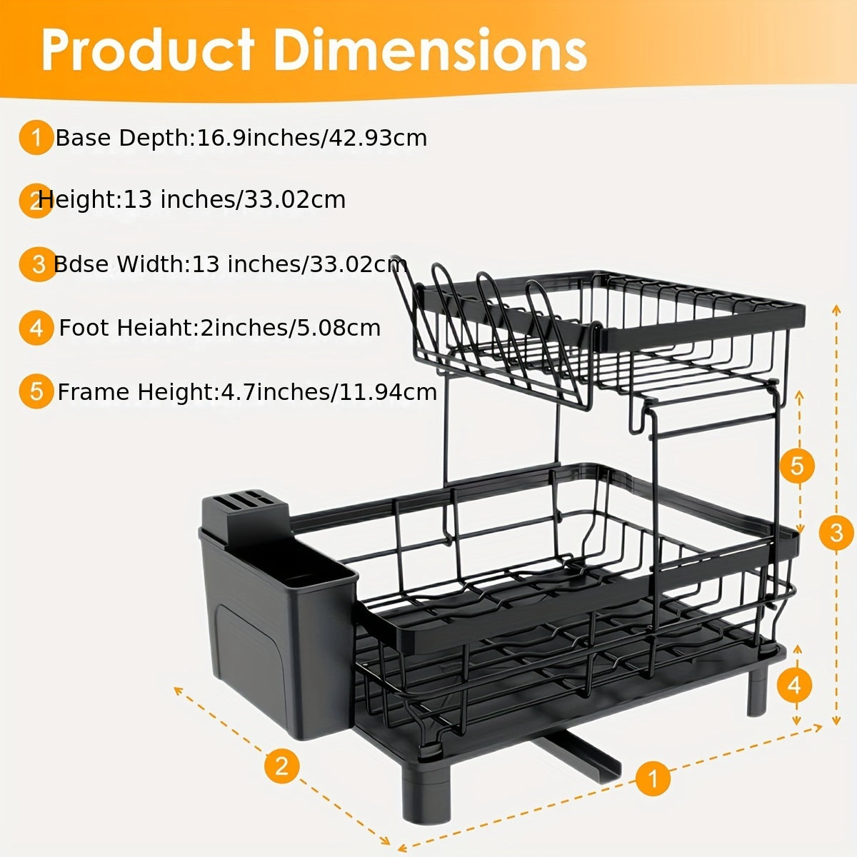 2-Tier Iron Bowl and Dish Drying Rack - Space-Saving Kitchen Organizer with Knife Cup and Tableware Holder - Rust-Resistant Metal Construction for Easy Cleaning