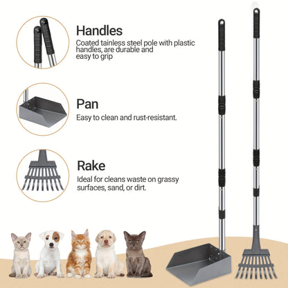 Stainless Steel Dog Pooper Scooper Set, Rust-Proof Tray & Rake, Adjustable Handles, Easy Clean Pet Waste Scoop for All Breeds
