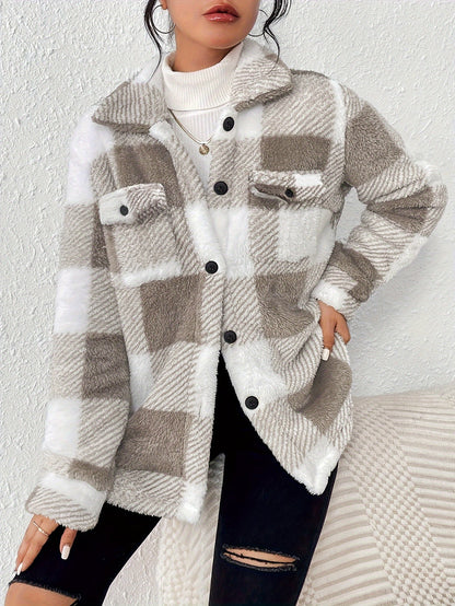 Plaid Pattern Button-Front Fuzzy Coat – Elegant Long Sleeve Warm Outerwear for Fall & Winter, Women's Clothing