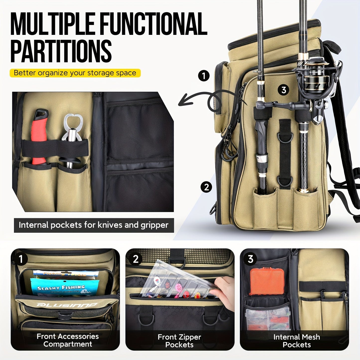 PLUSINNO Fishing Backpack – 42L Large Water-Resistant Tackle Bag with Rod Holders – Ideal for Fishing, Camping, Hiking – Great Fishing Gift for Men and Fathers, Khaki