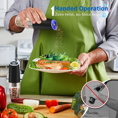Gravity Electric Salt and Pepper Grinder Set: Battery-Powered with LED Light, One-Handed Automatic Operation, Adjustable Coarseness, Black - Kitchen Gadget Gift Idea