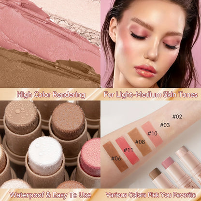 3Pcs Contour, Blush & Highlighter Stick Set - Non-Greasy, Waterproof, Long-Lasting Cream Contour Kit with Brush for a Flawless Look, Fair-Medium, Perfect for Halloween Makeup