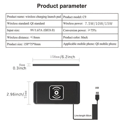 Fast Wireless Car Charger Pad - 15W Qi Certified for iPhone 11/12/13/14 Pro Max, Xs and Samsung Phones - Non-Slip, Easy Mount
