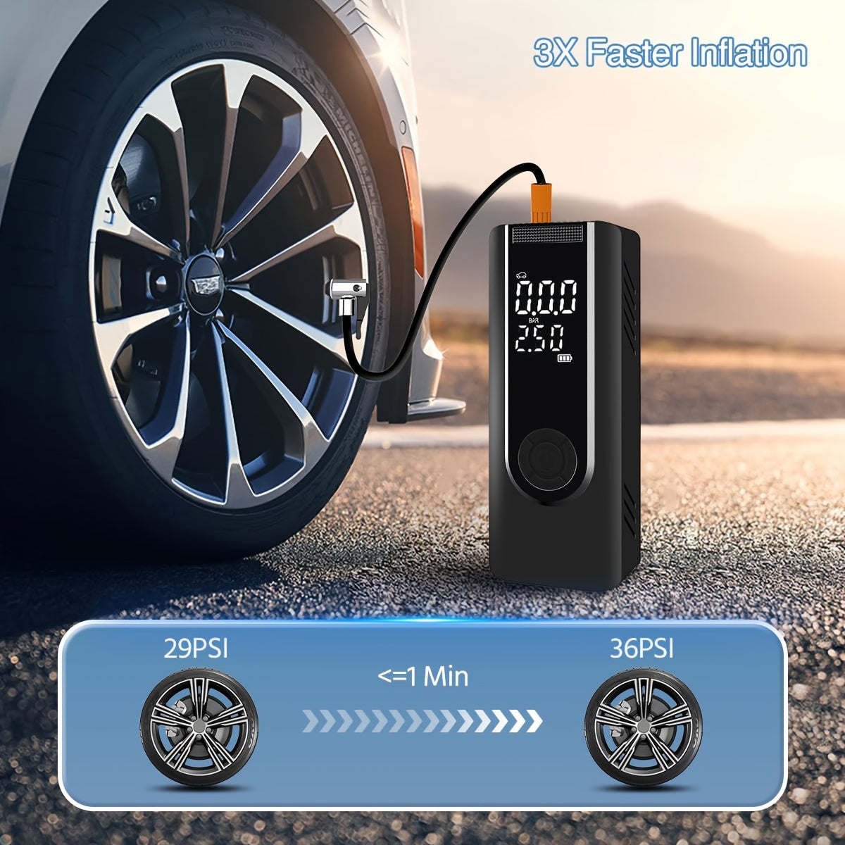 25000mAh Portable Air Compressor - 3X Faster Tire Inflator with 150PSI Gauge for Cars, Bikes, Motorcycles, Balls - Essential Car Accessory