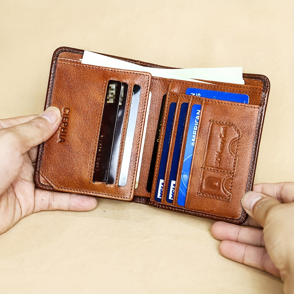 RFID Blocking Trifold Genuine Leather Wallet for Men – Vintage Cowhide, Multi-Function Credit Card Holder with Money Clip and 2 ID Windows