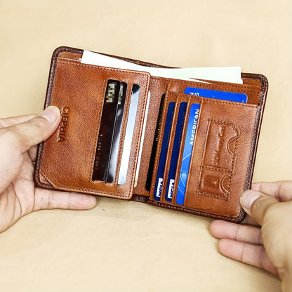 RFID Blocking Trifold Genuine Leather Wallet for Men – Vintage Cowhide, Multi-Function Credit Card Holder with Money Clip and 2 ID Windows