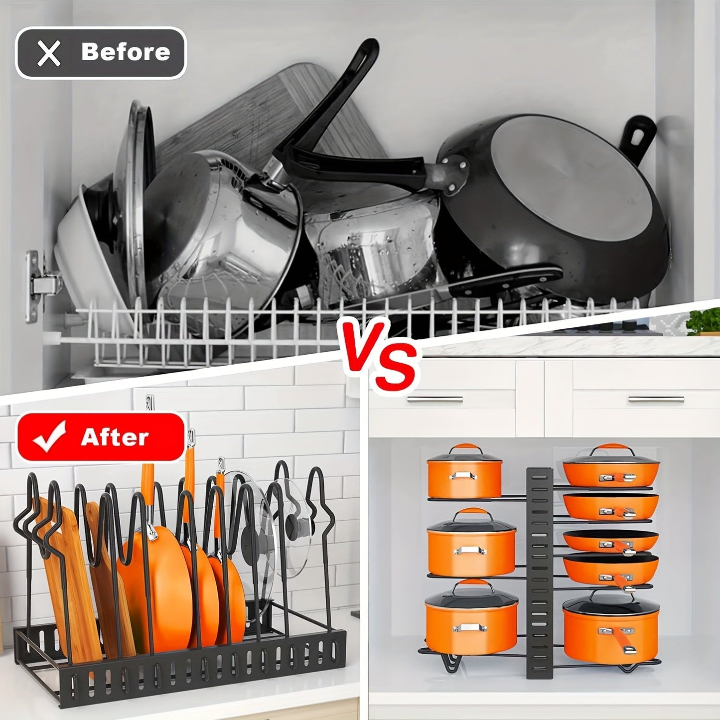 8-Tier Pot Organizer Rack - Metal Kitchen Cabinet Storage for Pots and Pans, Space-Saving Holder